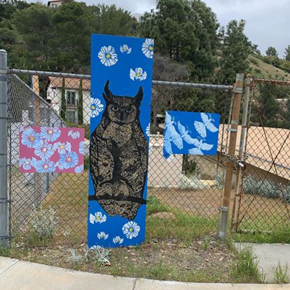 Owl - Cathy Weiss prints on fence2 2020