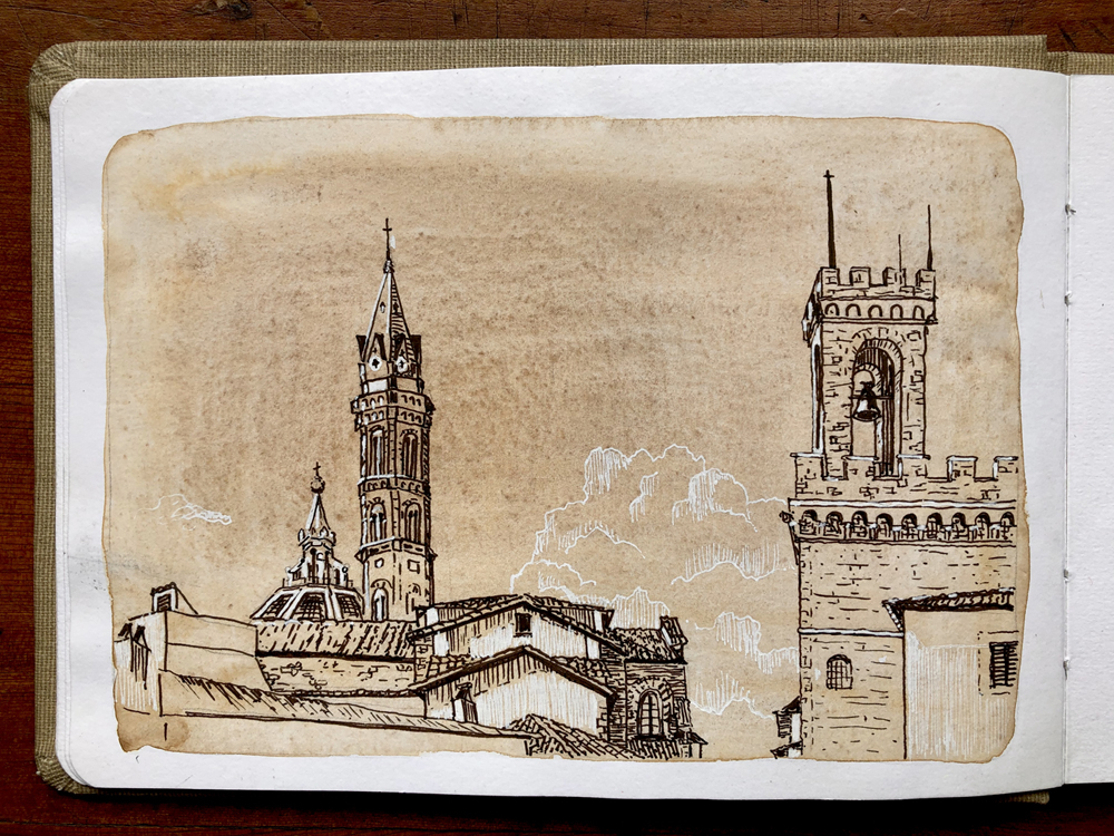 Ink sketch of Florence architecture by Rachel Pearsey studio view